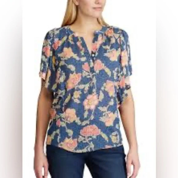 Chaps Women’s Size‎ M Blue Short Sleeve Henley-New - Picture 2 of 11